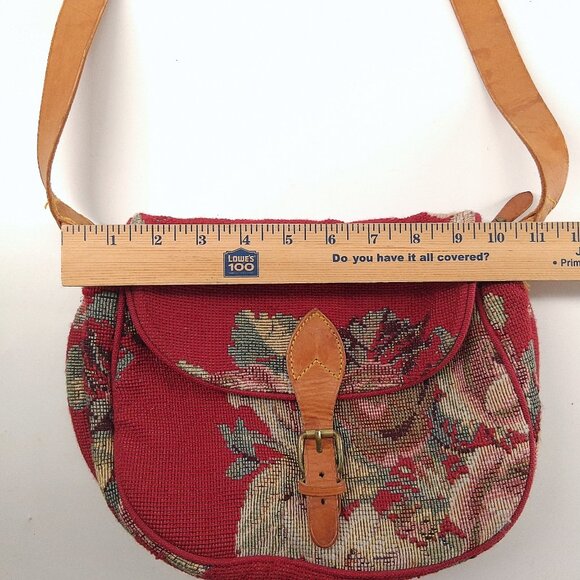 Vintage Ralph Lauren Needlepoint Tapestry Crossbody Bag Leather Strap Ruby Red - Picture 8 of 16